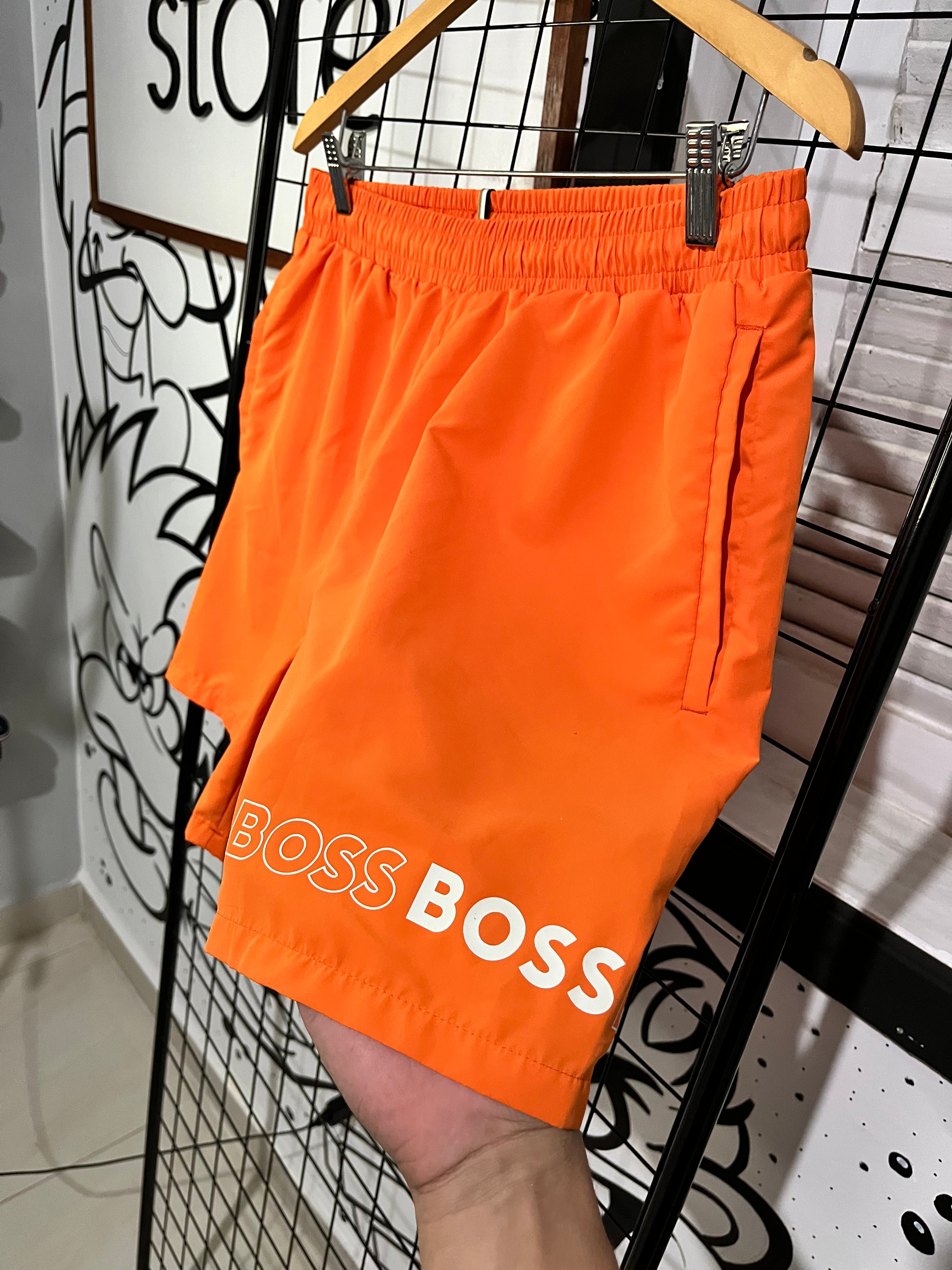 BOSS calção de banho masculino com logotipo vertical padrão