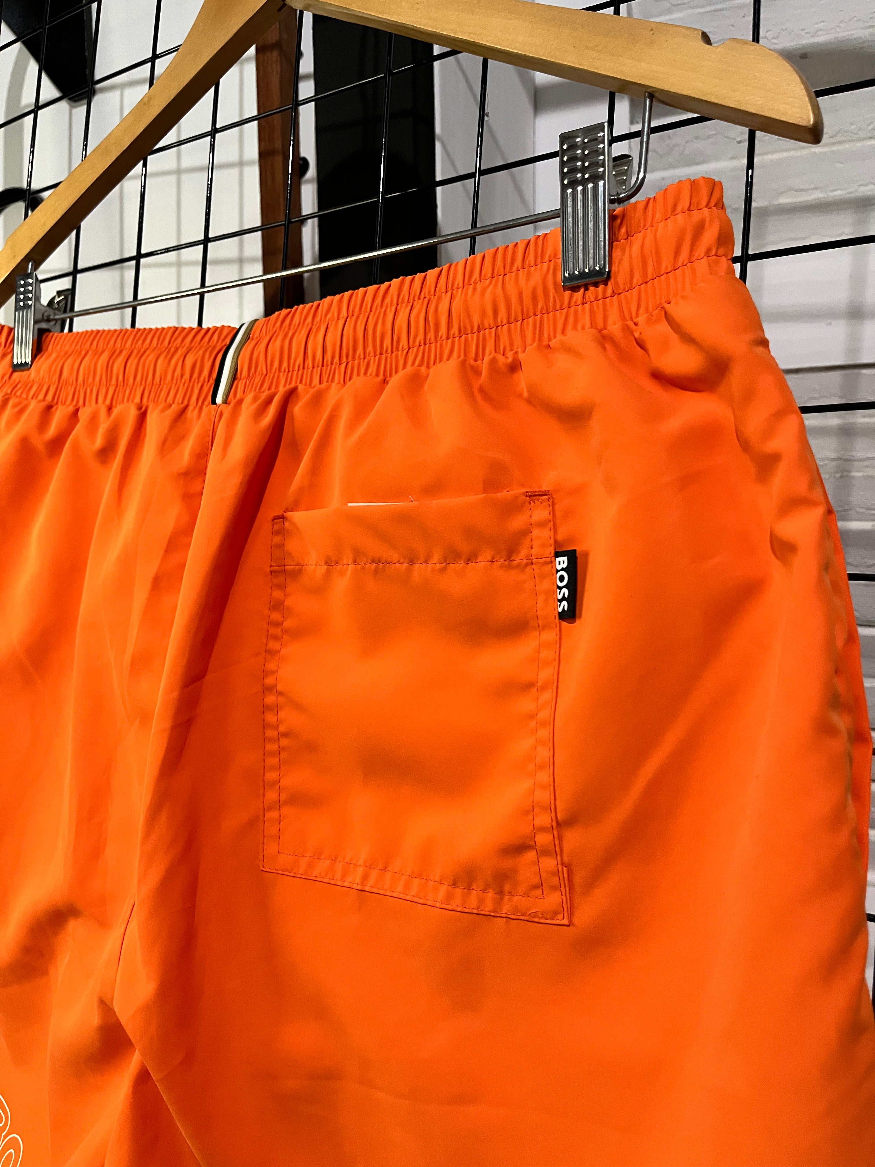 BOSS calção de banho masculino com logotipo vertical padrão